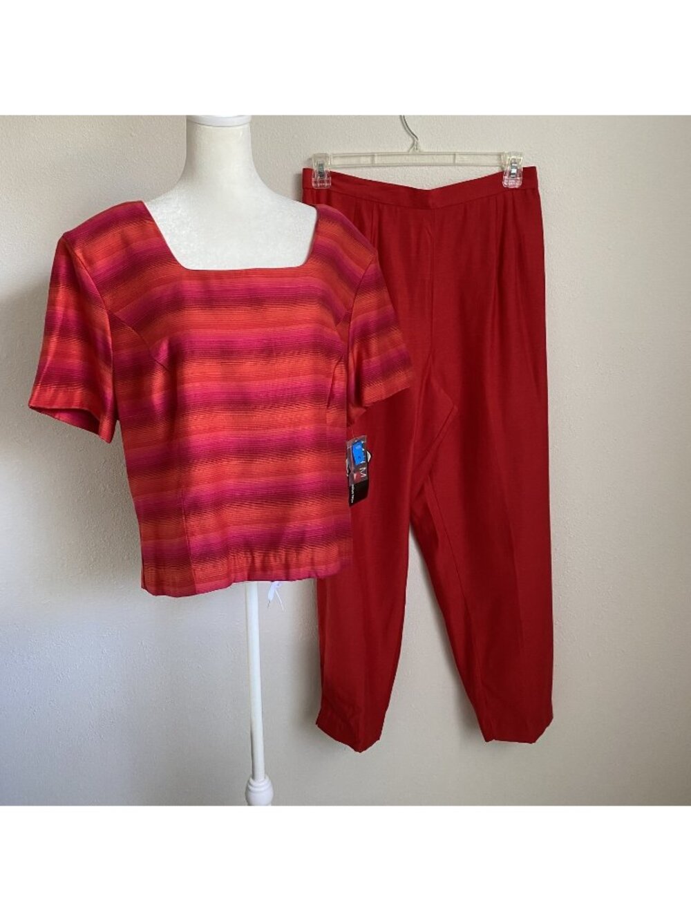 MHM Womens 16 Red Striped 2-Piece Set Button-Up Top w Pants